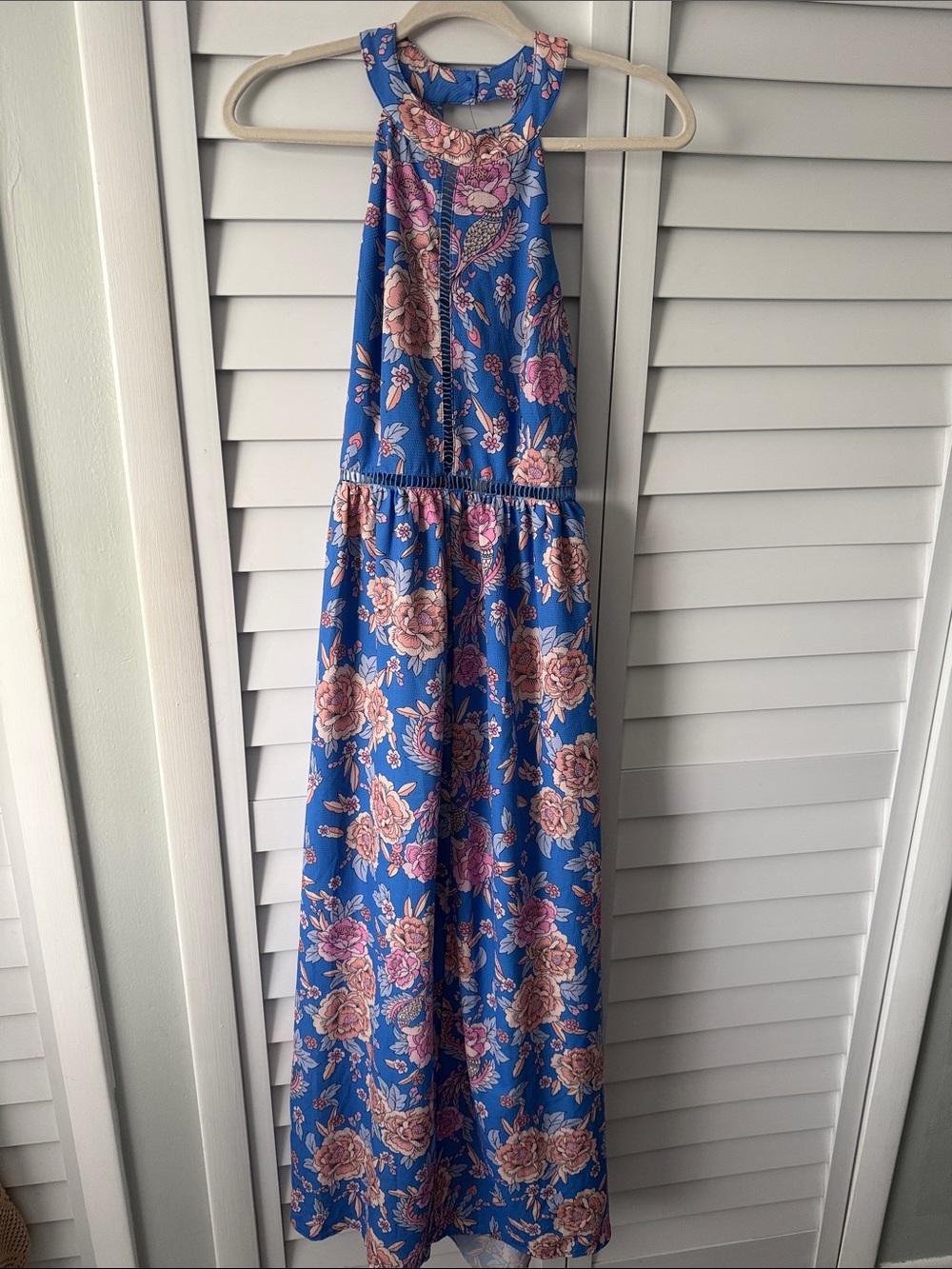 Royal Blue Floral Halter Maxi Dress with Pink Rose Pattern
